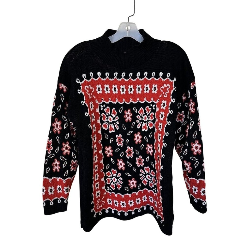 Vintage Womens Pullover Sweater Black Red Floral Cowl Neck Thick Medium Nordic